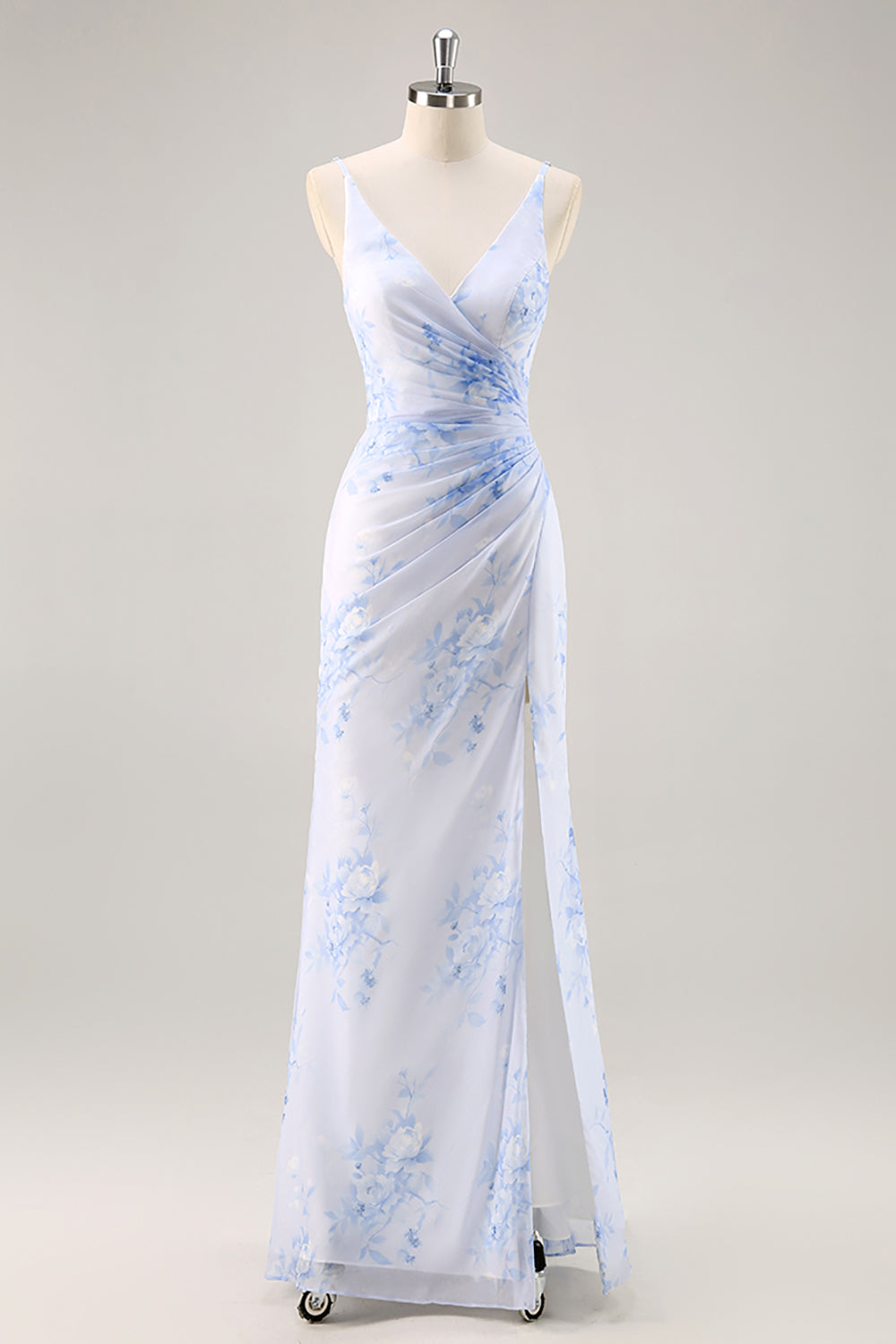 Blue Floral Ruched Chiffon Long Bridesmaid Dress with Slit
