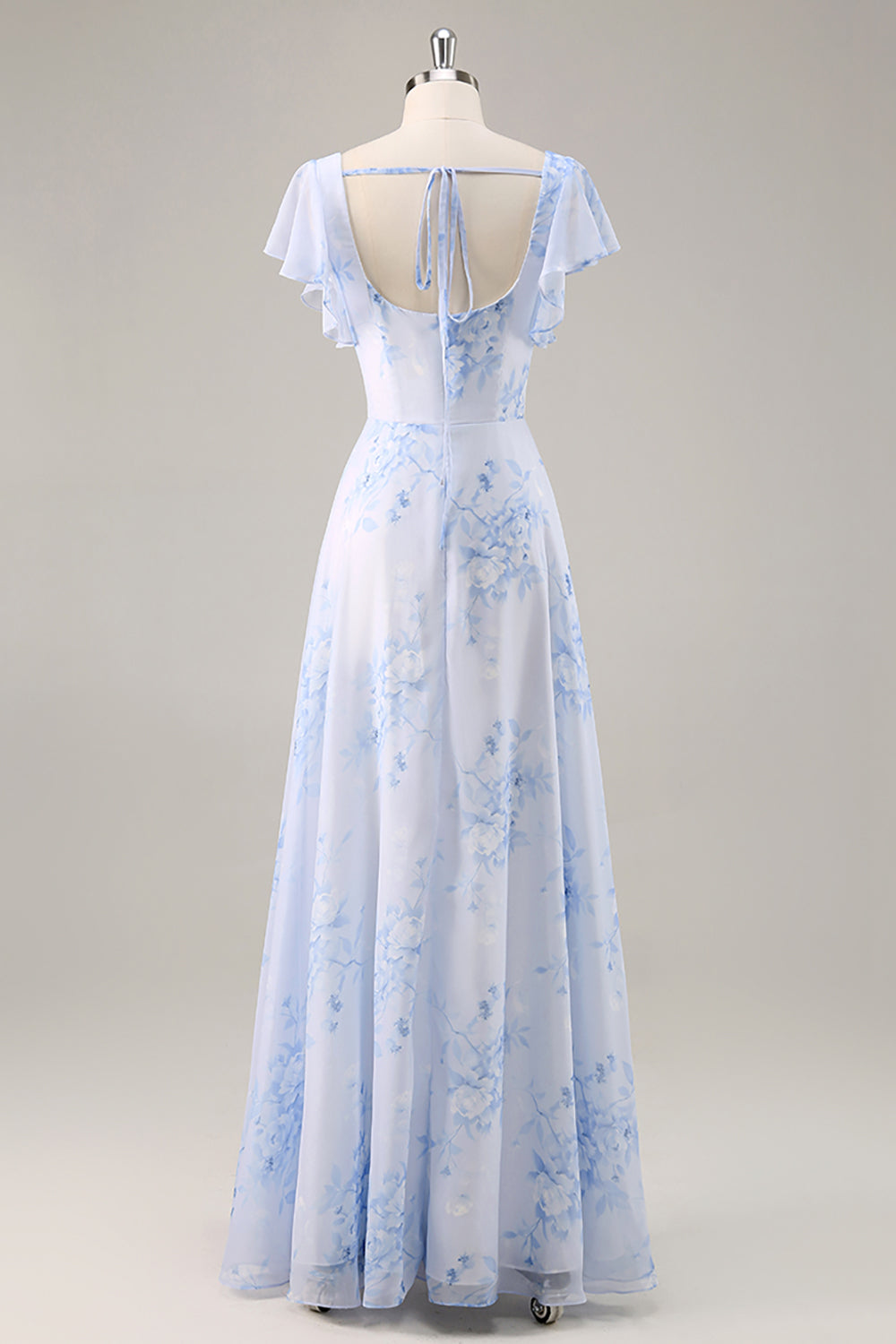 Blue Floral Scoop Neck Chiffon Long Bridesmaid Dress with Ruffles