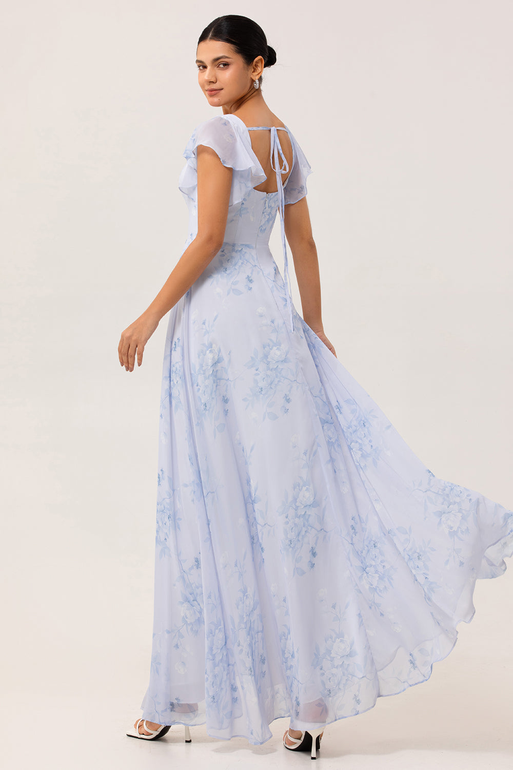 Blue Floral Square Neck A Line Long Bridesmaid Dress with Slit