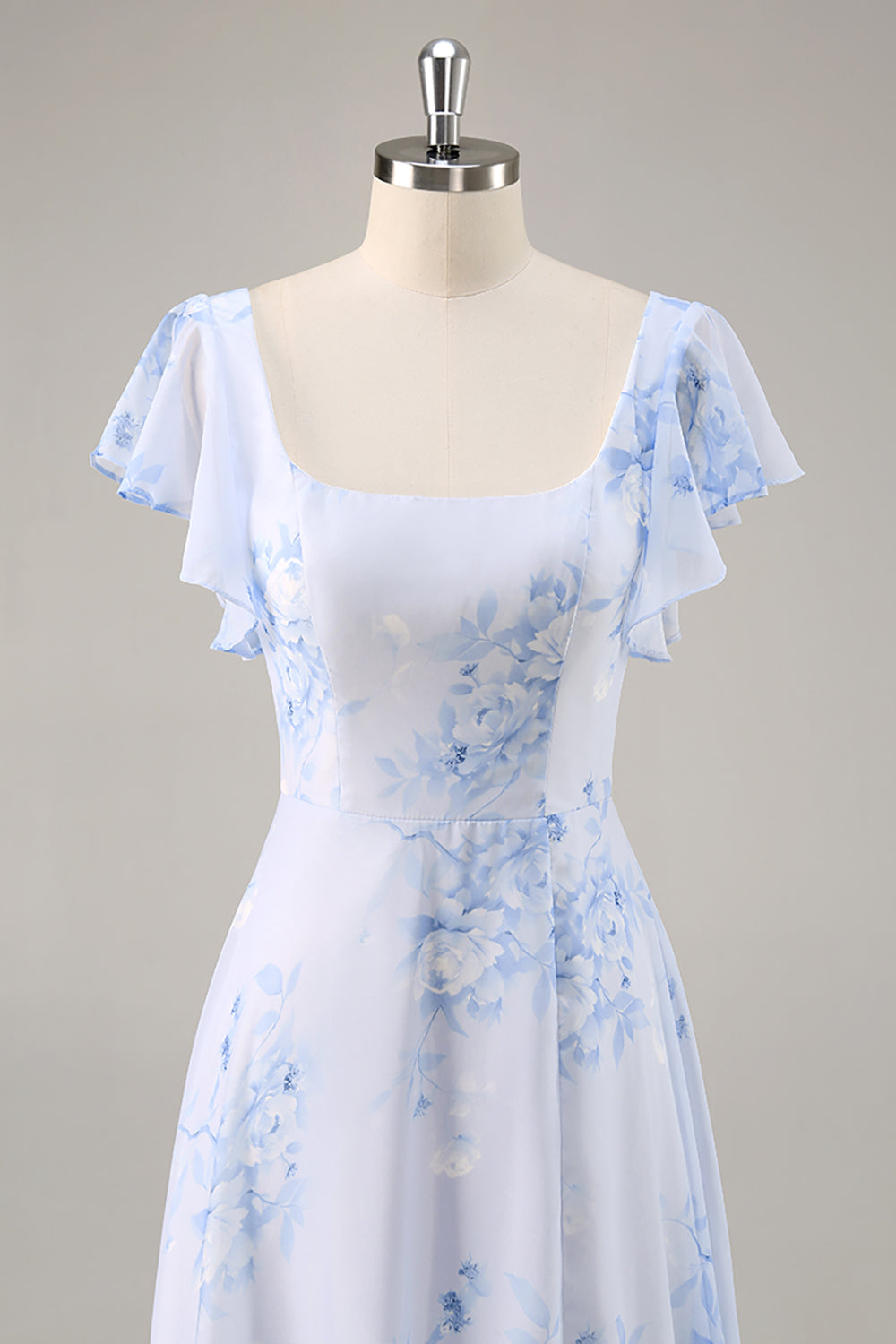 Blue Floral Scoop Neck Chiffon Long Bridesmaid Dress with Ruffles