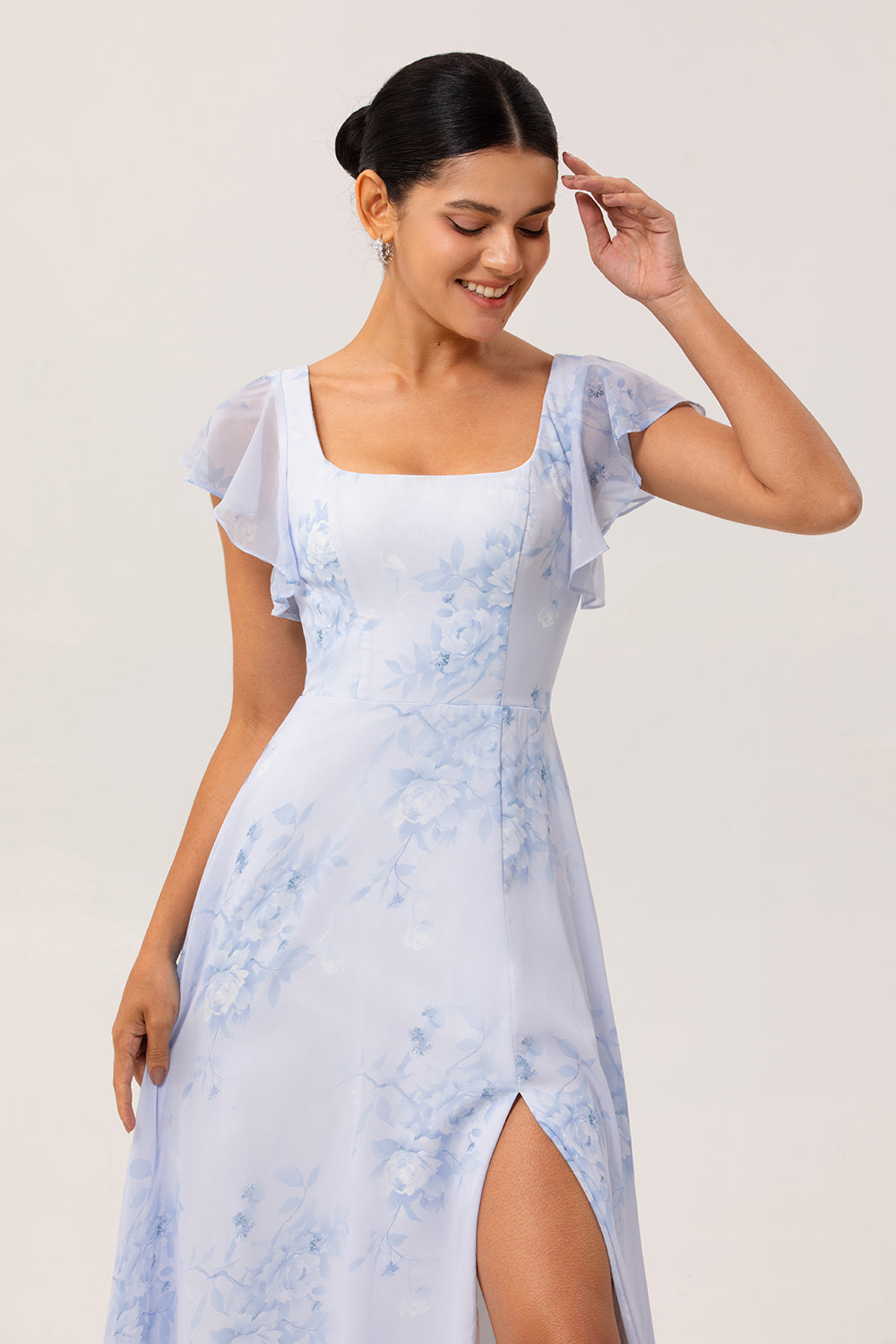 Blue Floral Square Neck A Line Long Bridesmaid Dress with Slit