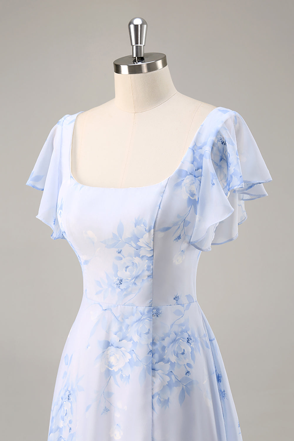 Blue Floral Scoop Neck Chiffon Long Bridesmaid Dress with Ruffles