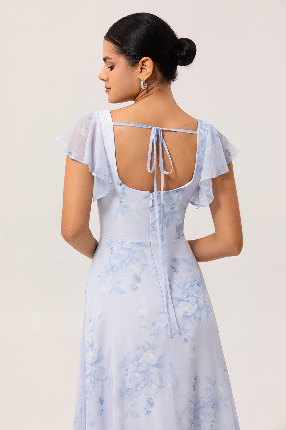 Blue Floral Square Neck A Line Long Bridesmaid Dress with Slit
