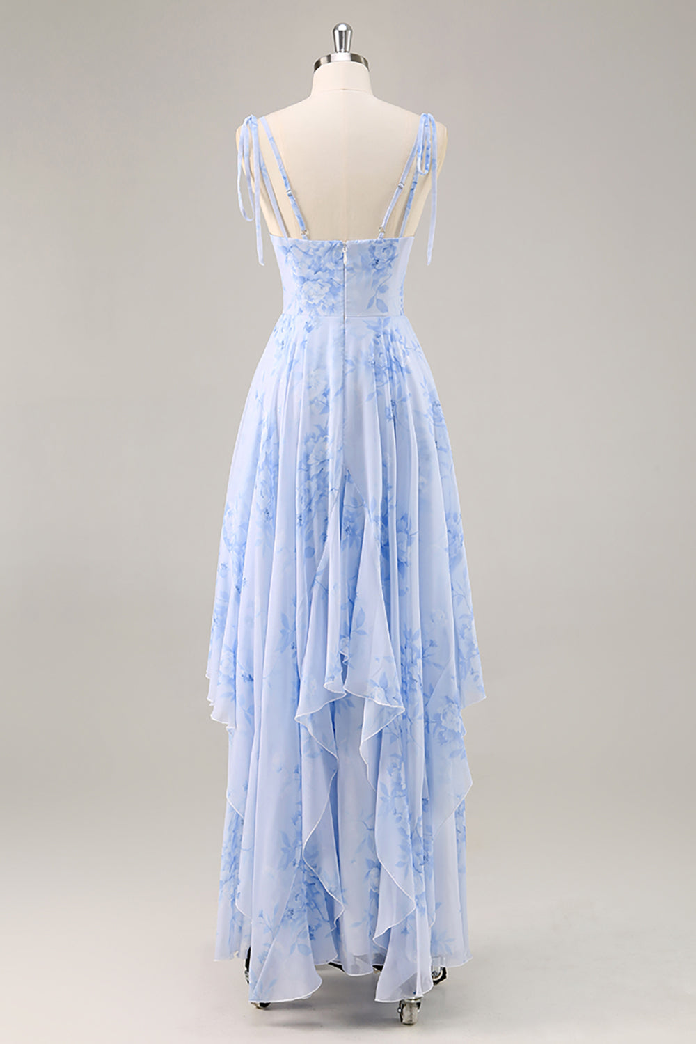Blue Floral A Line Chiffon Long Bridesmaid Dress with Ruffles