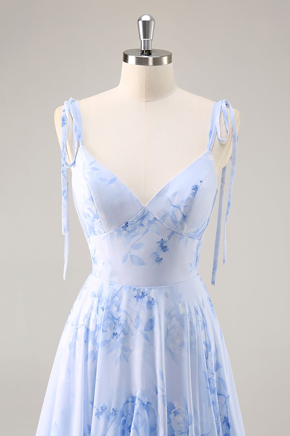 Blue Floral A Line Chiffon Long Bridesmaid Dress with Ruffles