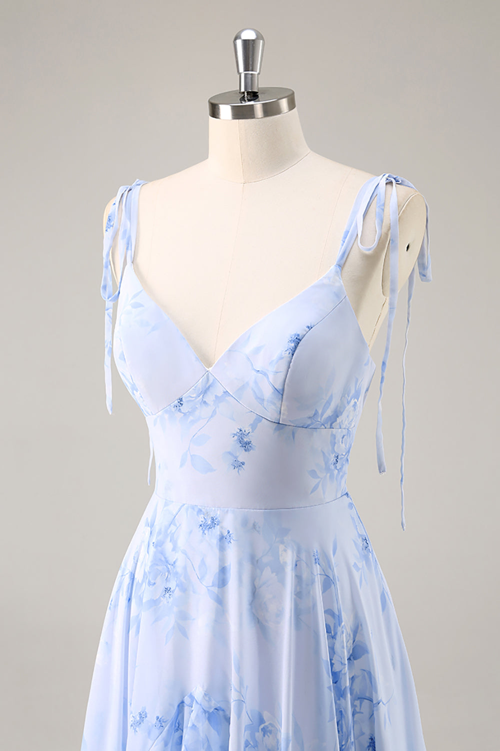 Blue Floral A Line Chiffon Long Bridesmaid Dress with Ruffles
