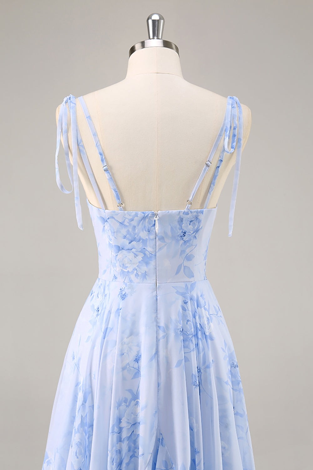 Blue Floral A Line Chiffon Long Bridesmaid Dress with Ruffles