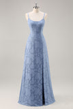 Dusty Blue A Line Spaghetti Straps Long Bridesmaid Dress with Slit
