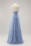 Dusty Blue A Line Spaghetti Straps Long Bridesmaid Dress with Slit