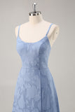 Dusty Blue A Line Spaghetti Straps Long Bridesmaid Dress with Slit