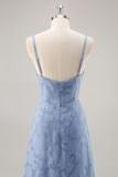 Dusty Blue A Line Spaghetti Straps Long Bridesmaid Dress with Slit