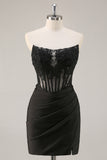 Black Strapless Corset Beaded Tight Short Homecoming Dress