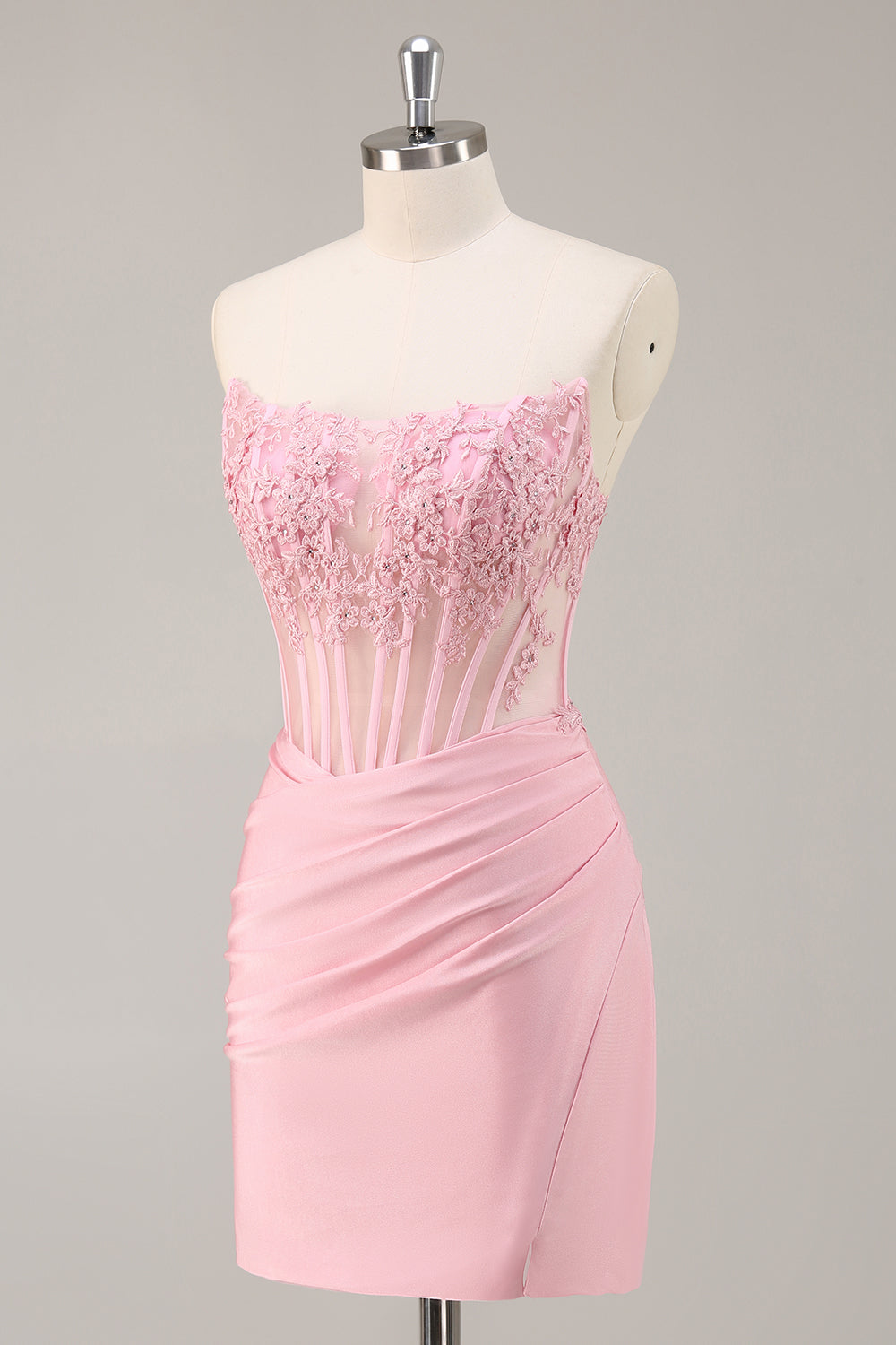 Pink Strapless Corset Beaded Short Tight Homecoming Dress