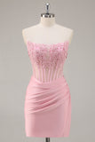 Pink Strapless Corset Beaded Short Tight Homecoming Dress