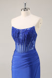 Royal Blue Bodycon Strapless Corset Beaded Short Homecoming Dress