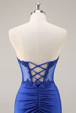 Royal Blue Bodycon Strapless Corset Beaded Short Homecoming Dress