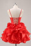 A Line Strapless Corset Tiered Red Homecoming Dress with Bows