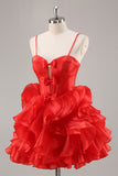 Red A Line Corset Keyhole Ruffled Short Homecoming Dress With Bows