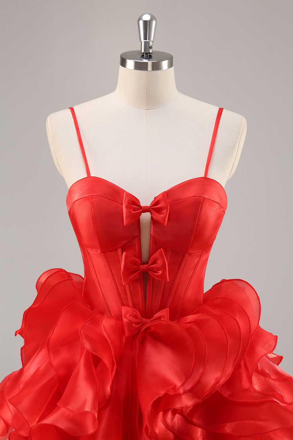 Red A Line Corset Keyhole Ruffled Short Homecoming Dress With Bows