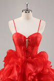 Red A Line Corset Keyhole Ruffled Short Homecoming Dress With Bows