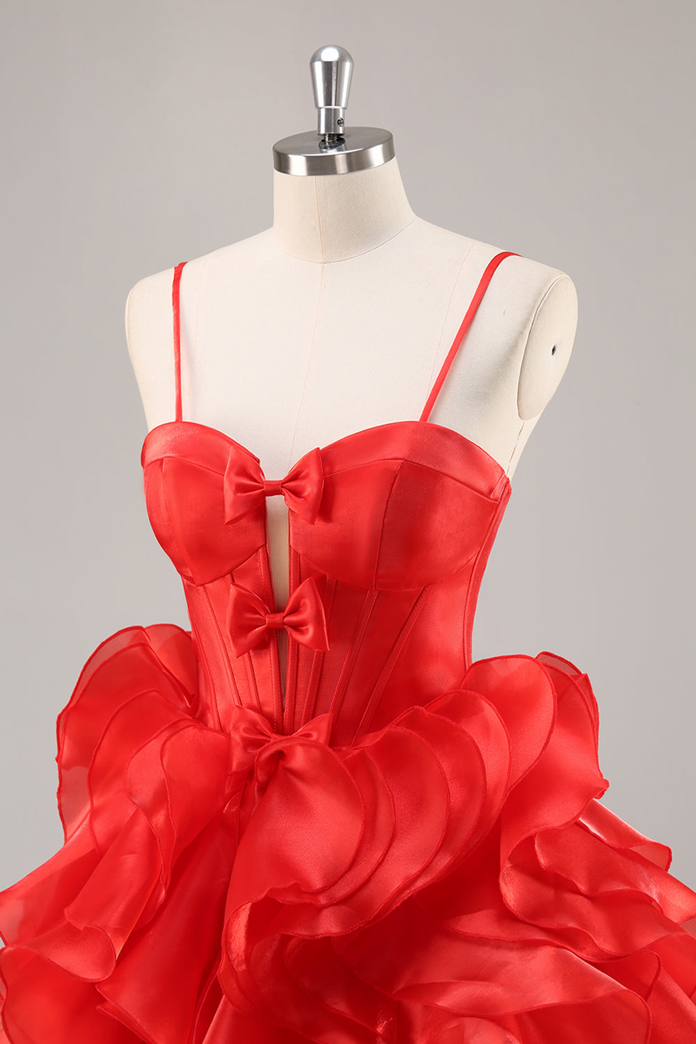 Red A Line Corset Keyhole Ruffled Short Homecoming Dress With Bows