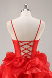 Red A Line Corset Keyhole Ruffled Short Homecoming Dress With Bows