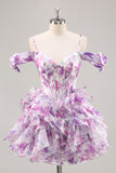 Purple Cold Shoulder A Line Printed Corset Short Homecoming Dress With Ruffles