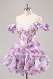 Purple Cold Shoulder A Line Printed Corset Short Homecoming Dress With Ruffles