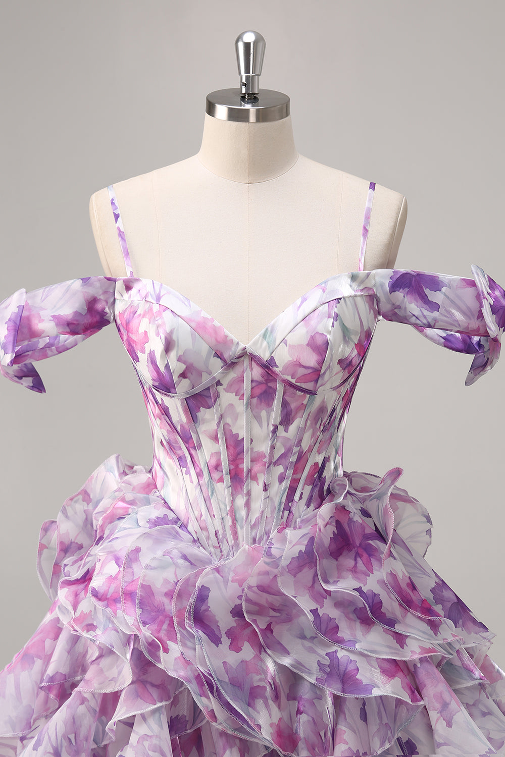 Purple Cold Shoulder A Line Printed Corset Short Homecoming Dress With Ruffles