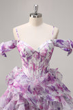 Purple Cold Shoulder A Line Printed Corset Short Homecoming Dress With Ruffles