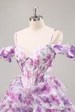 Purple Cold Shoulder A Line Printed Corset Short Homecoming Dress With Ruffles