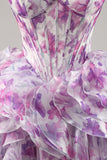 Purple Cold Shoulder A Line Printed Corset Short Homecoming Dress With Ruffles