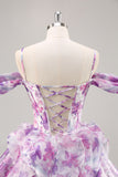 Purple Cold Shoulder A Line Printed Corset Short Homecoming Dress With Ruffles