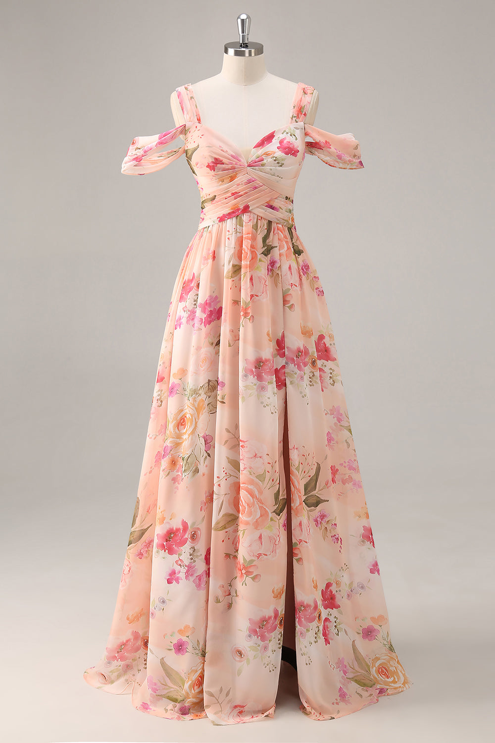Pink Floral Ruched Long Bridesmaid Dress with Slit