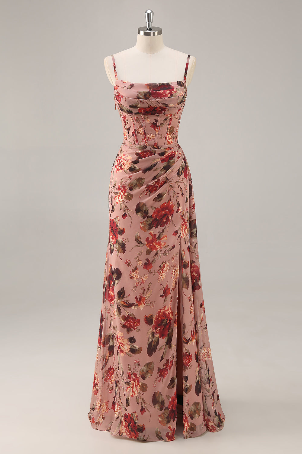 Dusty Rose Sheath Ruched Floral Corset Long Bridesmaid Dress with Side Streamer