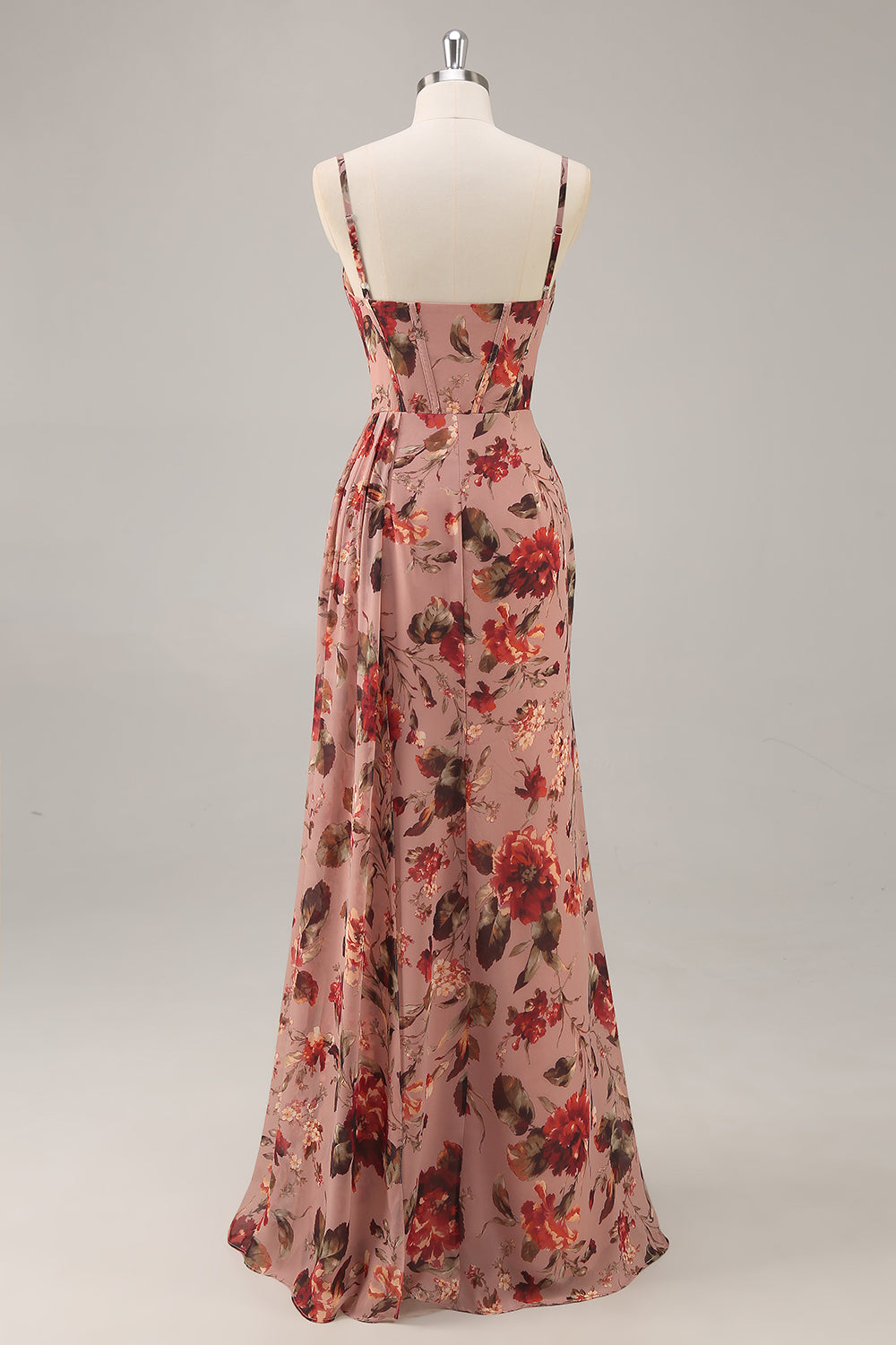 Dusty Rose Sheath Ruched Floral Corset Long Bridesmaid Dress with Side Streamer