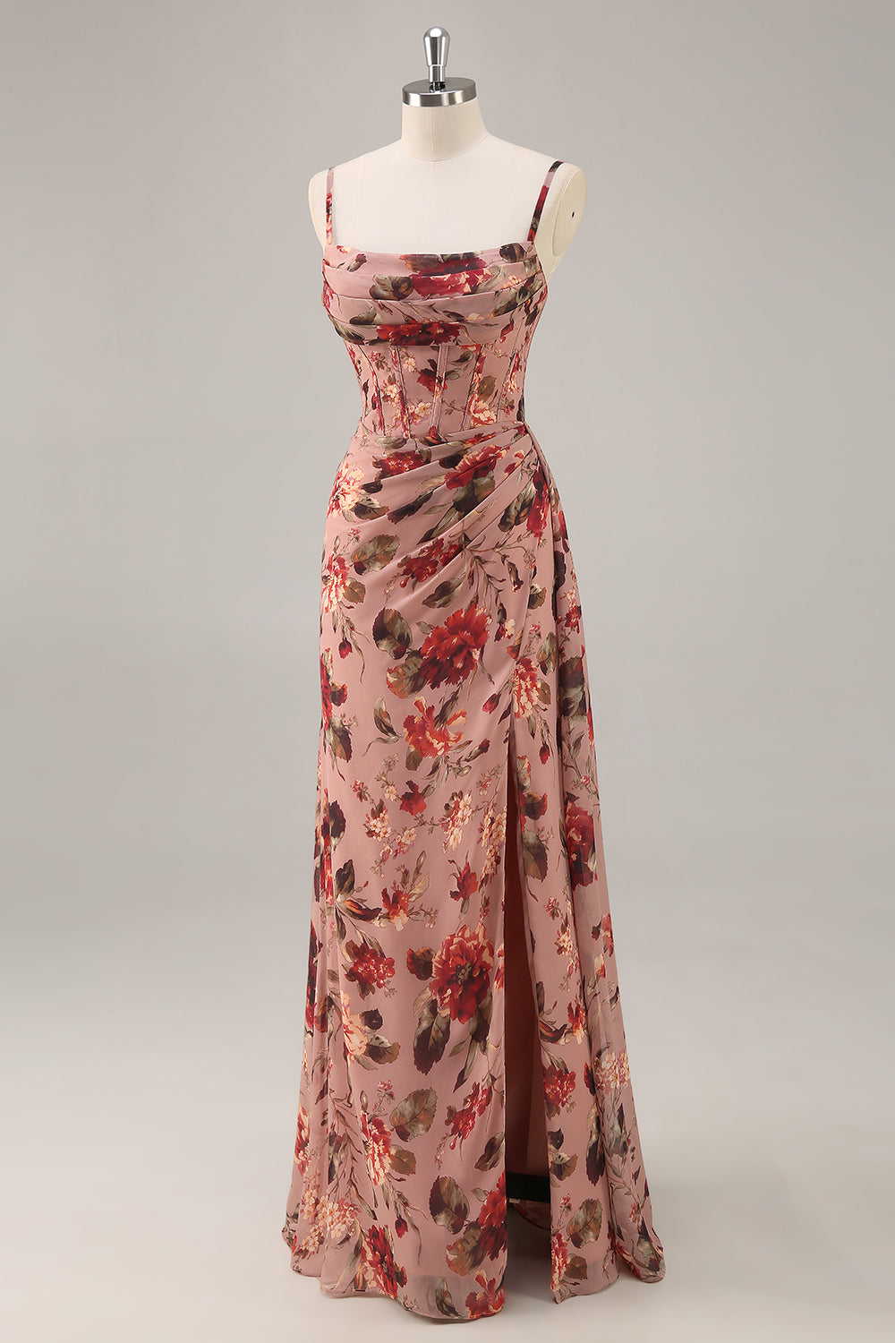 Dusty Rose Ruched Floral Corset Long Bridesmaid Dress with Slit