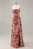 Dusty Rose Ruched Floral Corset Long Bridesmaid Dress with Slit