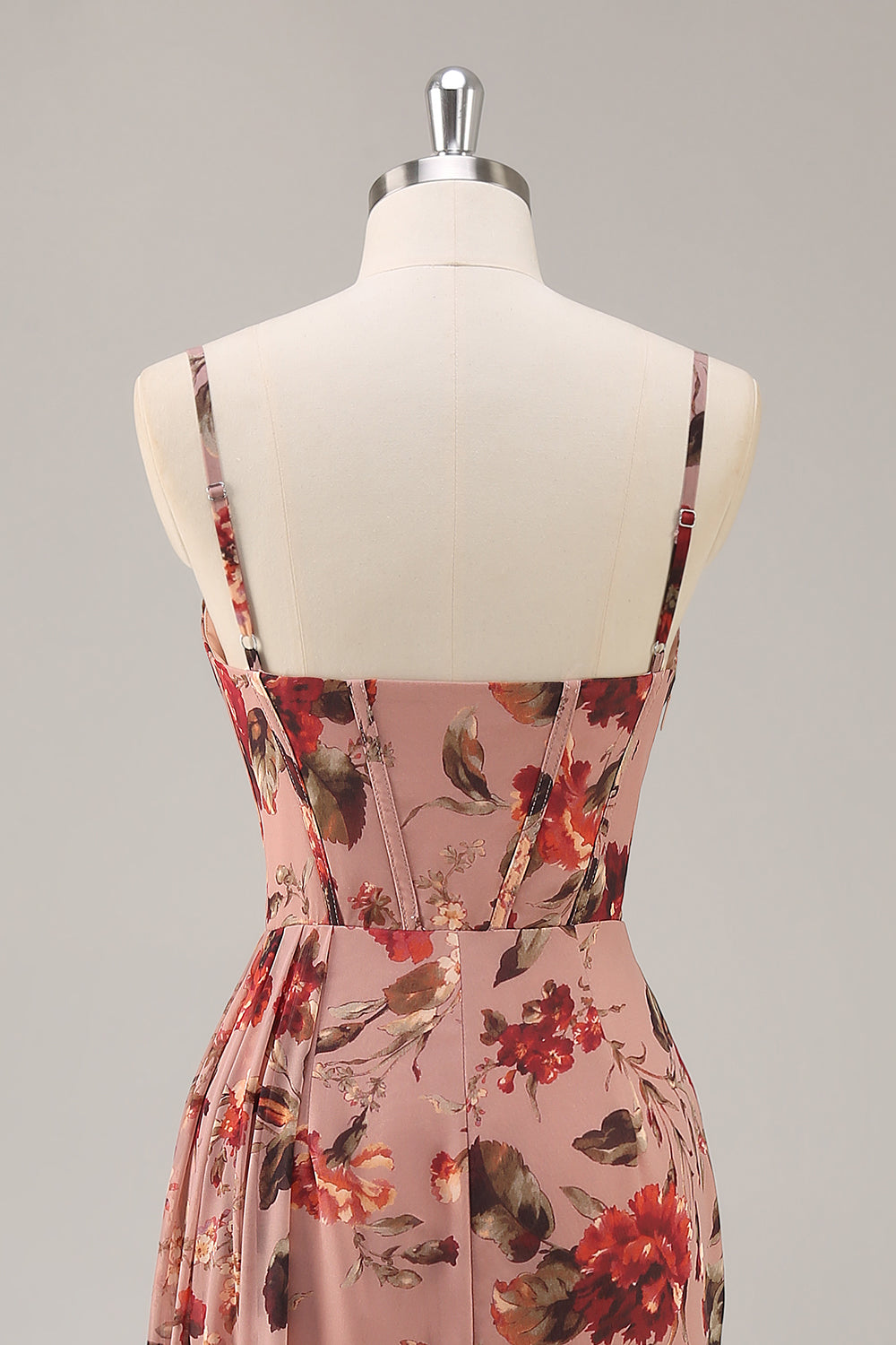 Dusty Rose Ruched Floral Corset Long Bridesmaid Dress with Slit