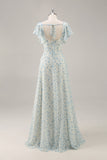 Blue Floral Chiffon Ruffled Long Bridesmaid Dress with Slit