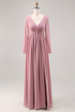 Simple Dusty Rose Long Sleeves V-Neck Bridesmaid Dress with Slit