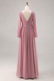 Simple Dusty Rose Long Sleeves V-Neck Bridesmaid Dress with Slit