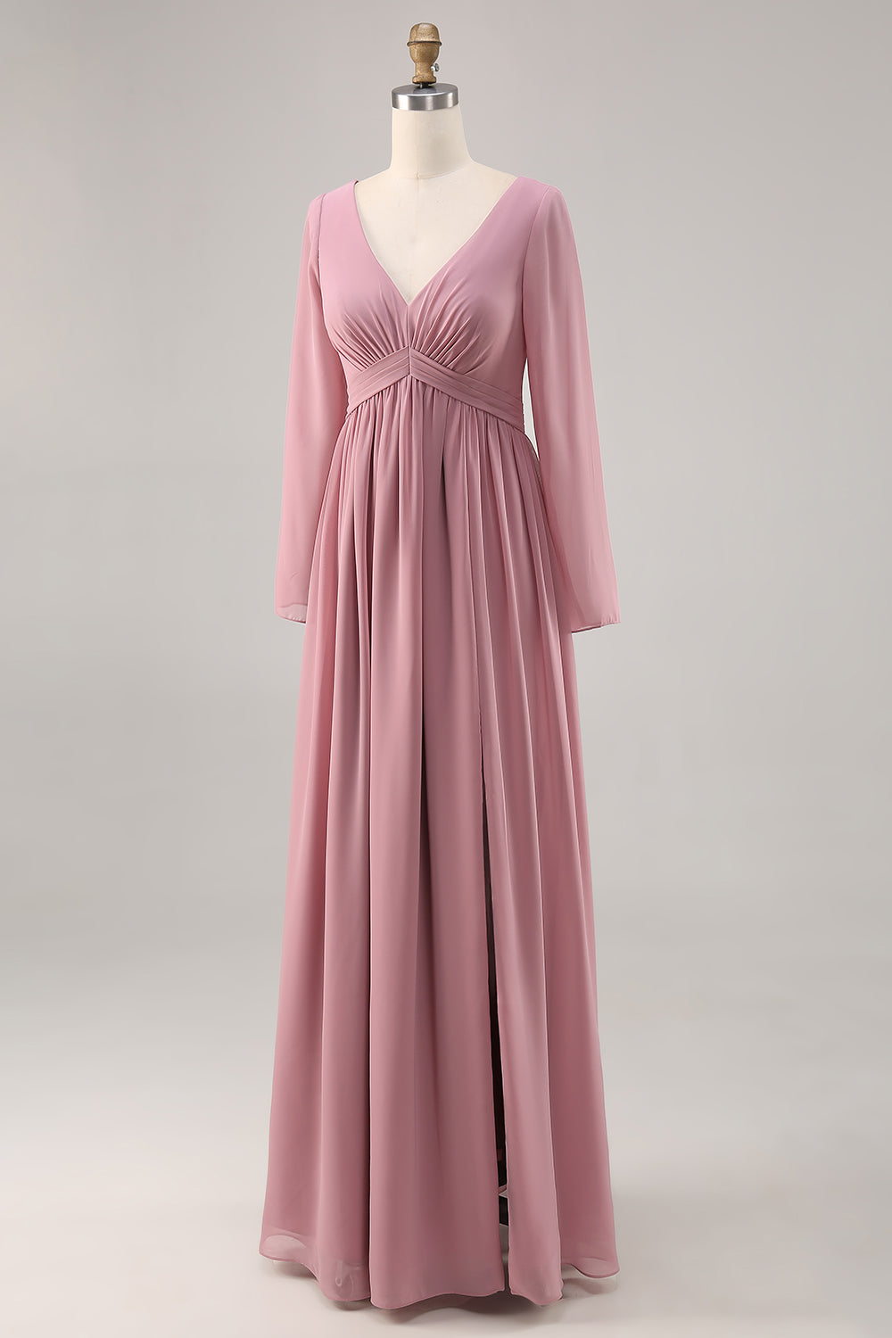 Simple Dusty Rose Long Sleeves V-Neck Bridesmaid Dress with Slit