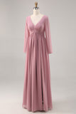 Simple Dusty Rose Long Sleeves V-Neck Bridesmaid Dress with Slit