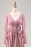 Simple Dusty Rose Long Sleeves V-Neck Bridesmaid Dress with Slit