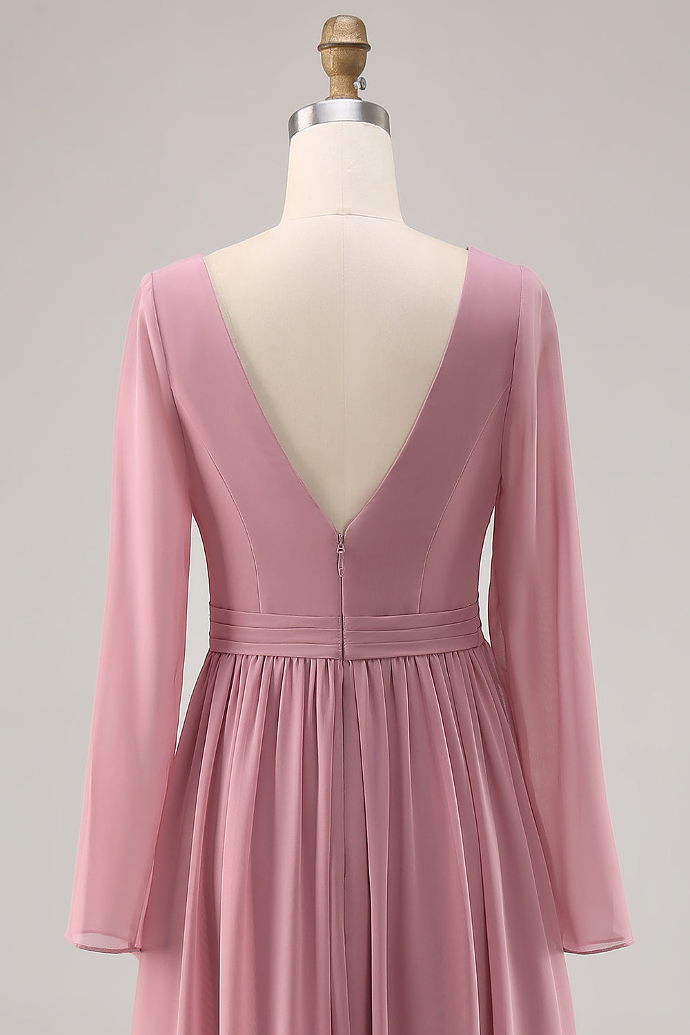 Simple Dusty Rose Long Sleeves V-Neck Bridesmaid Dress with Slit