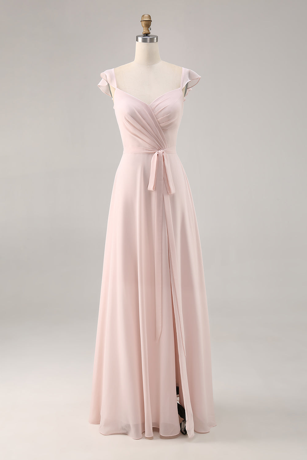 Candy Pink Cap Sleeves Ruched Long Bridesmaid Dress with Slit