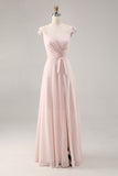 Candy Pink Cap Sleeves Ruched Long Bridesmaid Dress with Slit