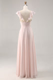 Candy Pink Cap Sleeves Ruched Long Bridesmaid Dress with Slit