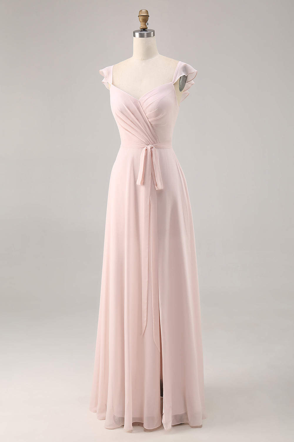 Candy Pink Cap Sleeves Ruched Long Bridesmaid Dress with Slit